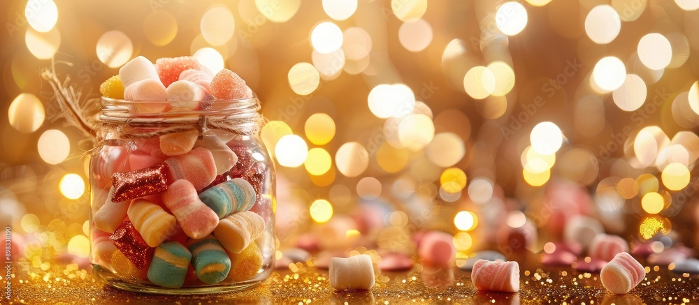 Poster colorful dragees candies and marshmallows in a glass jar for a festive party setup against a golden 