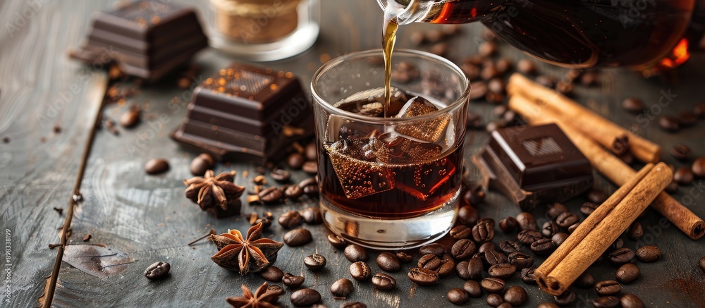 Leinwandbilder Coffee liqueur is being poured from a bottle into a glass over a rustic tabletop scattered with coffee beans cinnamon anise and chunks of dark chocolate creating a cozy scene with copy space image