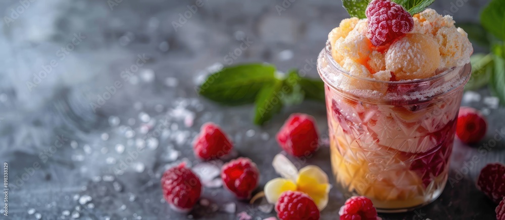 Poster A delightful Hawaiian shaved ice dessert in a Mason Jar with a clear view and ample copy space image