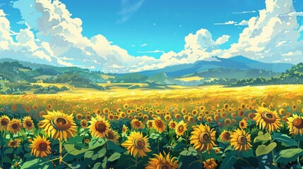 Fototapeta premium Pixel art sunflower field, bright yellow flowers, clear sky, cheerful