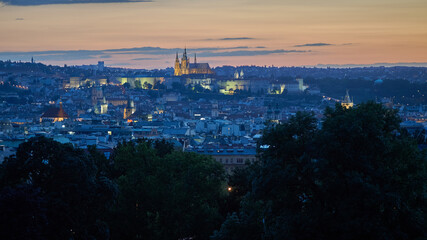 Sunset view of Prague cityscape from the Riegrovy Sady park in the Vinohrady district in Prague, Czech Republic