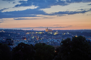 Sunset view of Prague cityscape from the Riegrovy Sady park in the Vinohrady district in Prague, Czech Republic
