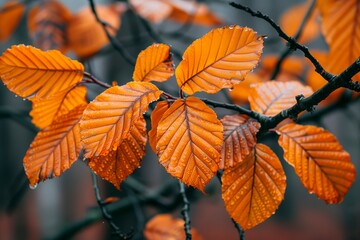 Obraz premium Closeup of orange leaves covered in raindrops on a branch