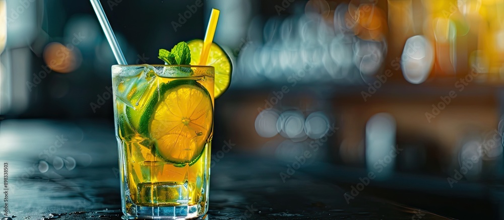 Aufkleber Close up view of a refreshing mocktail in a citrus glass with ice straw lime and mint on a dark table with copy space image