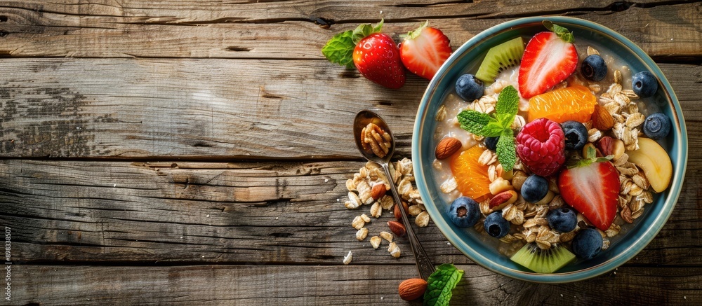 Poster delicious oatmeal with a mix of fruits and nuts displayed in a bowl on a rustic wooden surface creat