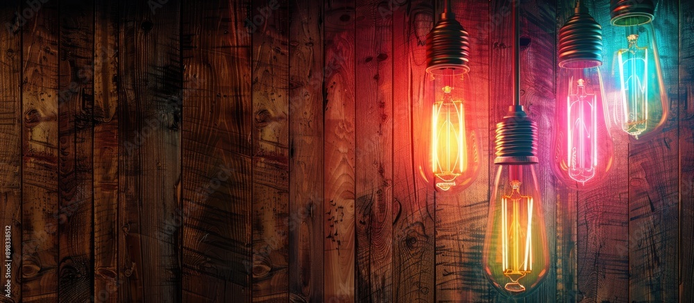 Poster close up view of neon light bulbs against wooden ceiling with copy space image
