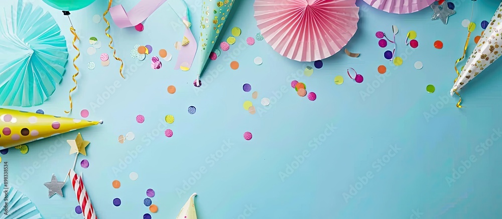 Poster flat lay composition with party accessories like hats confetti and blowers arranged on a light blue 