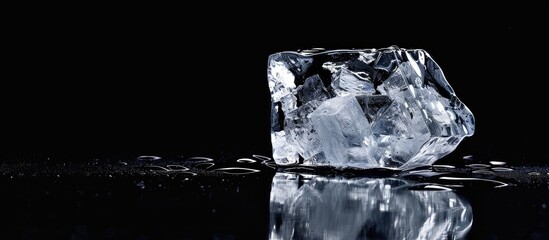 Clear ice piece on reflective black surface with copy space image