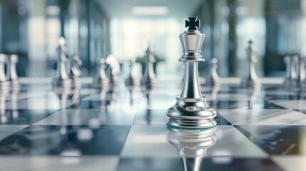 Dramatic Metal Chess Piece Capture in a Modern Corporate Setting