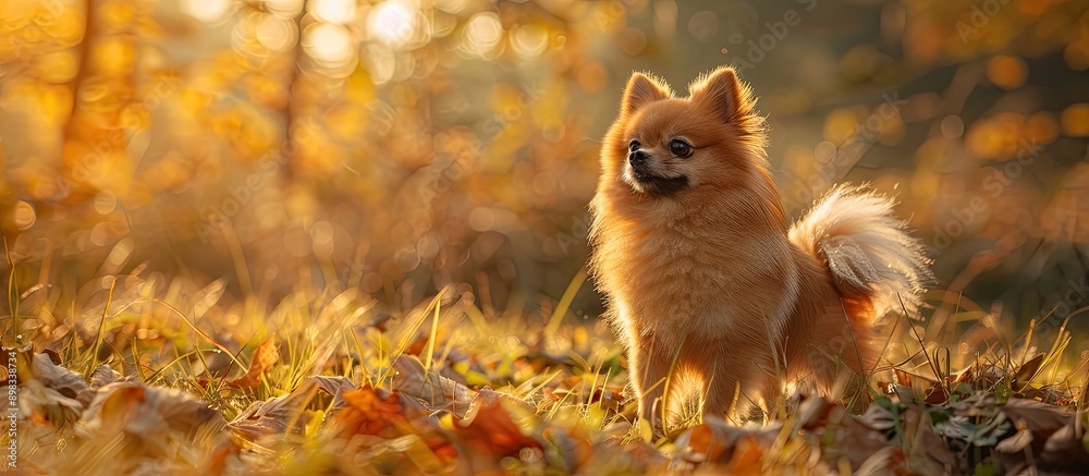 Poster adorable pomeranian dog captured in a portrait in an outdoor setting with copy space image available
