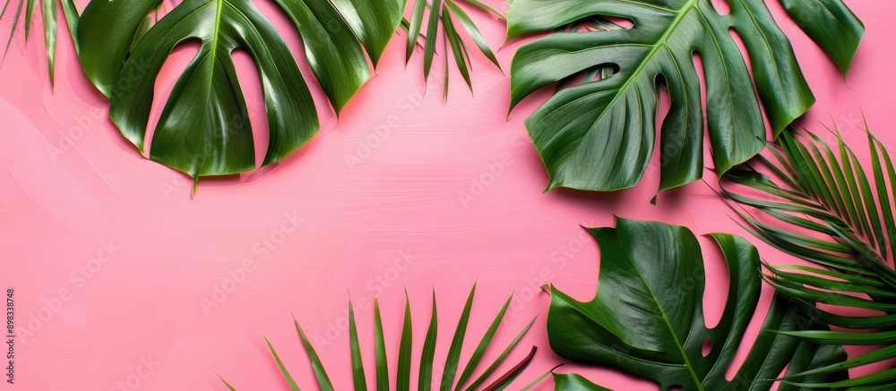 Aufkleber Bright pink background adorned with artistic tropical leaves allows space for personalized content emphasizing a vibrant tropical theme in a flatlay copy space image