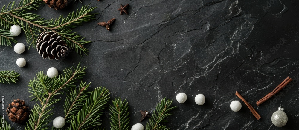 Leinwandbilder flat lay with christmas tree branches cones and white balls set against a black stone plate backgrou