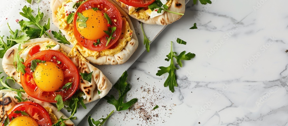 Poster a board featuring delicious lavash rolls filled with tomatoes egg and greens displayed on a white ma