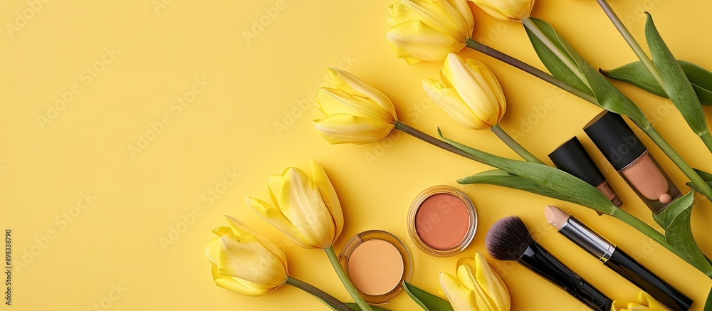Poster a flat lay arrangement featuring makeup products and yellow tulips on a yellow backdrop with copy sp