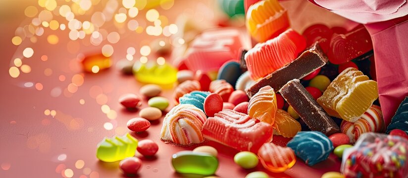 Colorful background showcasing a variety of classic sweets spilling from a gift bag in the corner setting the stage for a festive holiday sale theme with available copy space image