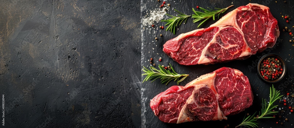 Poster Directly above view of three marbled raw ribeye steaks with spices on a stone table background providing a copy space image