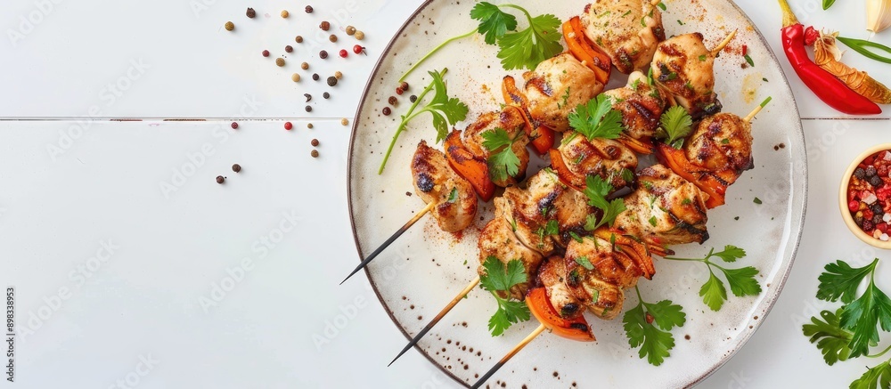 Aufkleber top view of a chicken shish kebab presented on a ceramic plate with spices cilantro herbs and vegeta