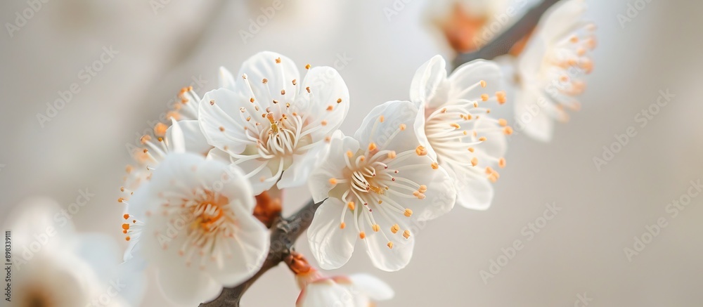 Poster Close up of cherry white flowers on a branch against a pale sky with selective focus in a spring garden during the day providing copy space image