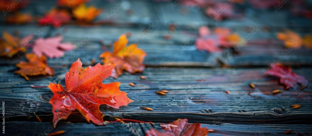 Aufkleber Autumn colored maple leaves on a damp wood surface with room for a copy space image