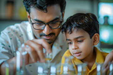 indian father and son doing science experiments together