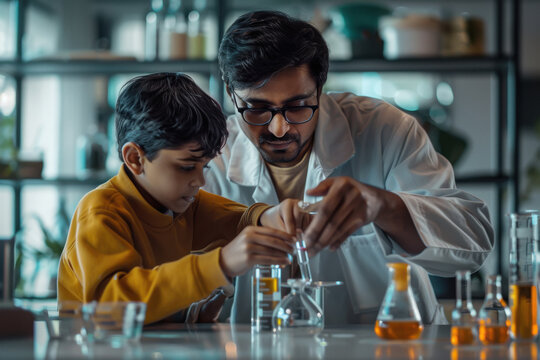 indian father and son doing science experiments together - Powered by Adobe