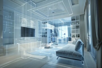 Interior Design Visualization with Wireframe Overlay.
