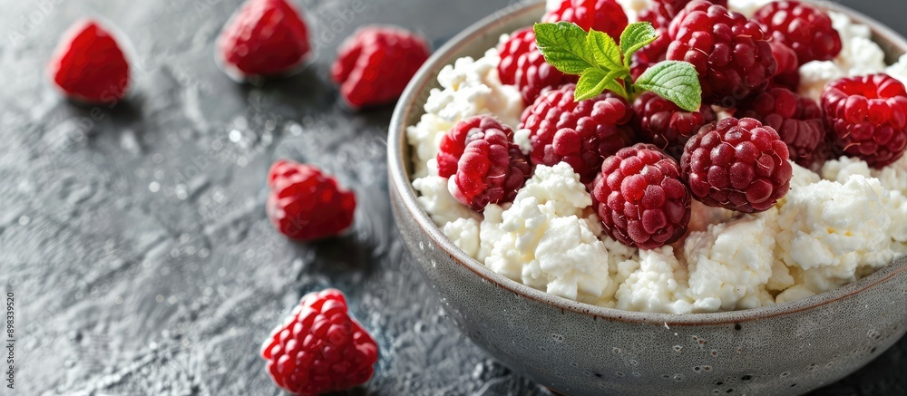 Aufkleber close up shot of breakfast featuring fresh cottage cheese topped with raspberries with a blank space