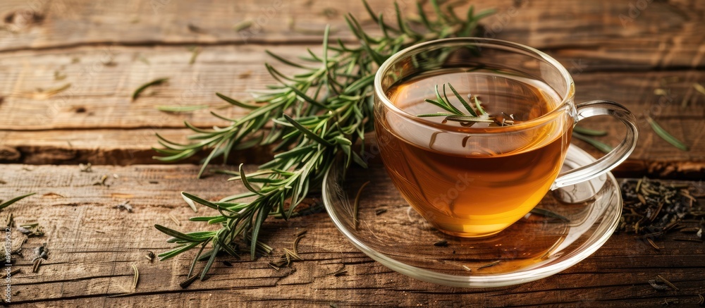 Poster A cup of fragrant herbal tea and rosemary on a rustic wooden table with a blank background for text or other content in the photo known as a copy space image