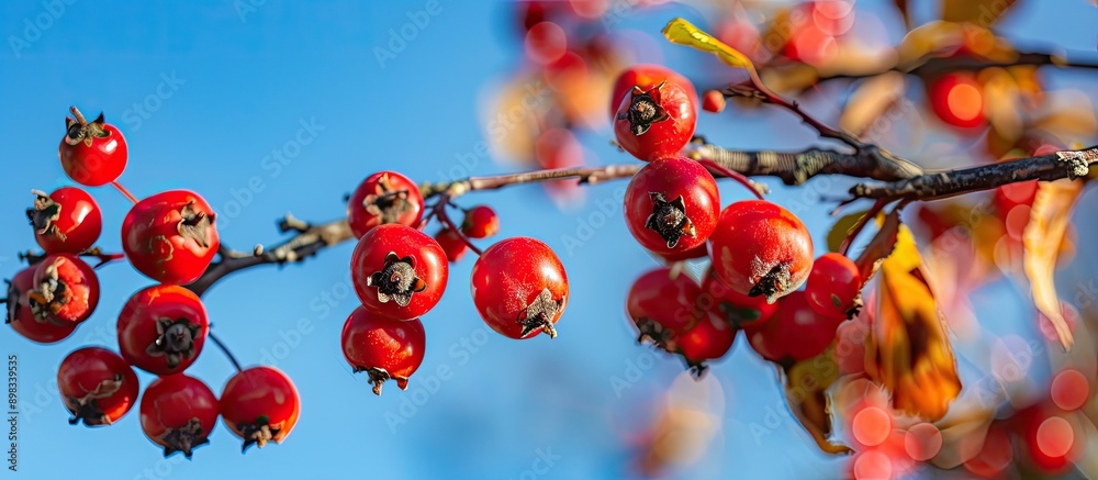 Poster Close up of a hawthorn branch with large red fruits set against a blue autumn sky creating a vivid nature background for use as a fresh wallpaper with a selective focus on the copy space image