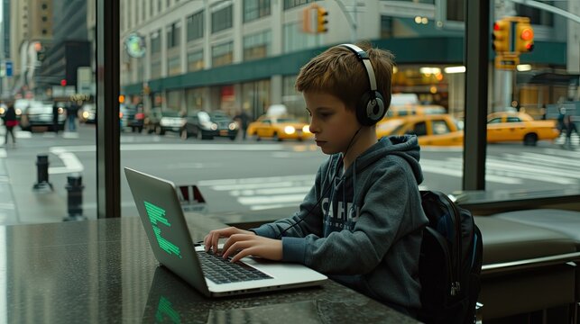 Fototapeta A Young Boy Is Seen Using a Laptop in a Bustling Urban Environment