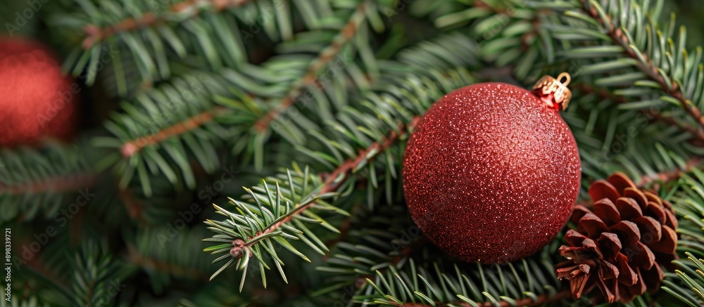 Poster christmas background showcasing a red ball on fir tree branches ideal for holiday cards and invitati
