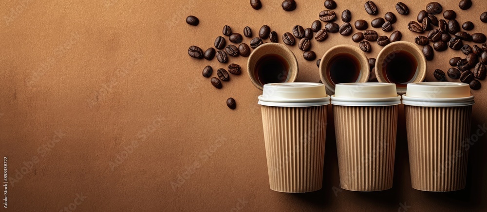 Poster Corrugated coffee cups with caps displayed on a brown background with ample copy space image