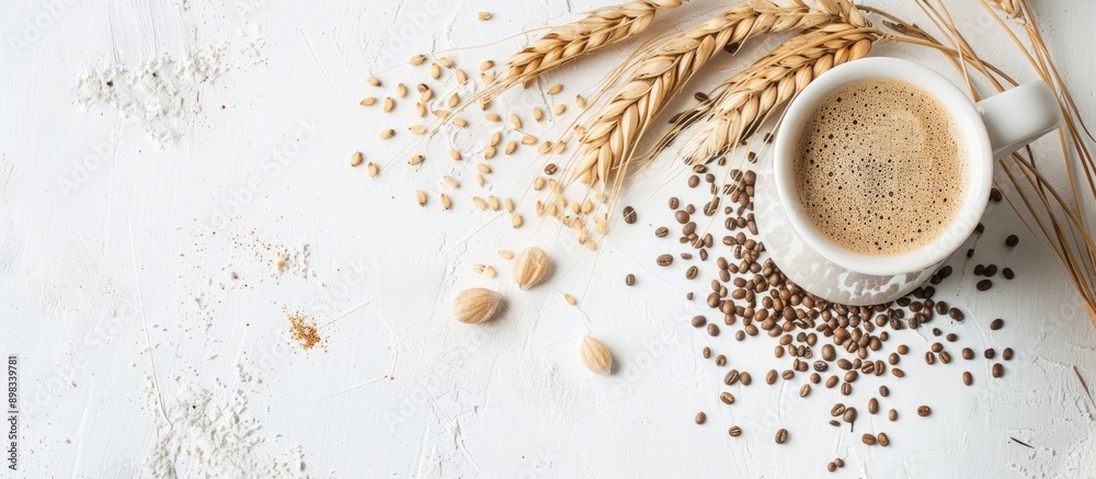 Poster barley coffee cup with grains and spikes arranged on a white table in a flat lay composition providi