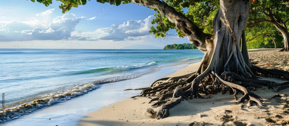 Leinwandbilder Beach scene with tree roots on the sand creating a scenic copy space image