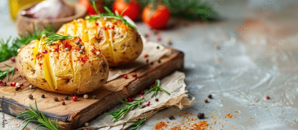Poster baked potato with flavorful sauce spices on a light background ideal for a copy space image