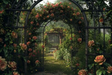 Obraz premium Victorian Garden, wrought iron with climbing roses and ivy. The center opens to a blank, lush garden with a gazebo, inviting a serene, historical garden setting. 