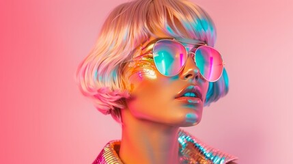 Naklejka premium Futuristic woman with colorful makeup and reflective sunglasses. Pastel background.