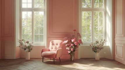Pink Armchair in a Room with Floral Arrangements and Windows