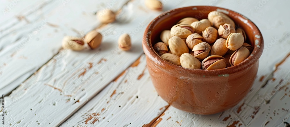 Poster a clay cup filled with peanuts rests on a white wooden table with available space for additional ima