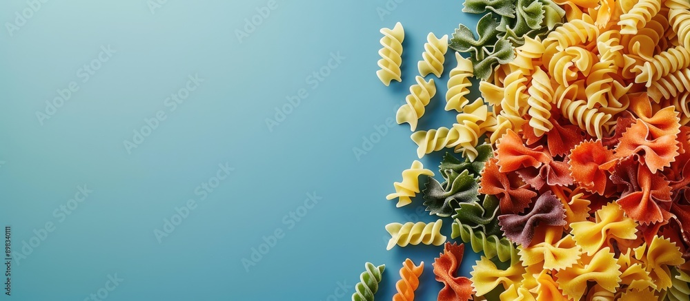 Poster blue background complements a variety of colorful pasta shapes arranged flat on a table perfect for 