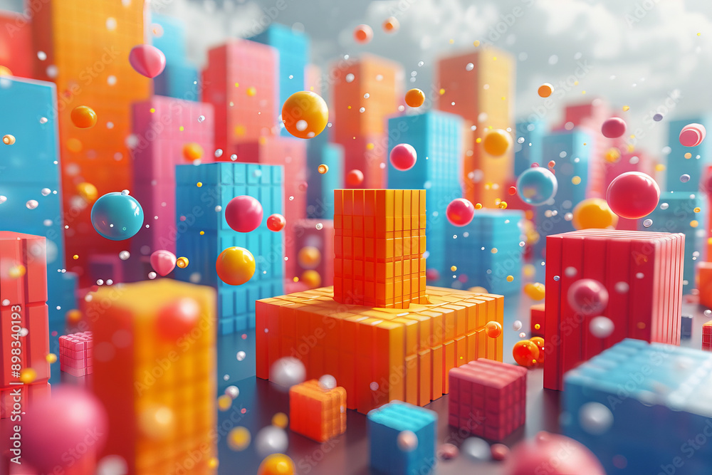 Poster modern 3d visualization of a sale event featuring abstract, interlocking forms and floating discount