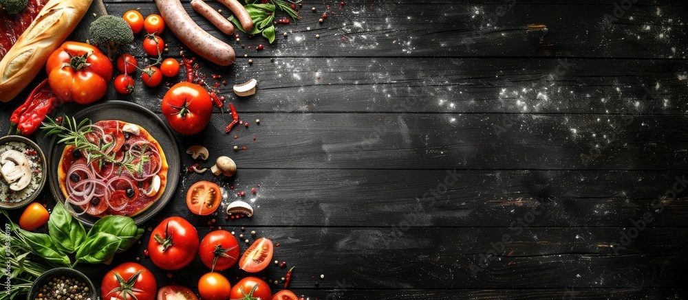 Poster Array of pizza toppings like mushrooms sausages tomatoes and vegetables arranged on a black wooden surface viewed from above with available copy space image