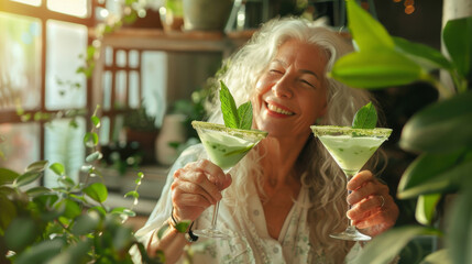 Senior Woman Enjoying Green Cocktails in Lush Indoor Garden - Celebrating Life with Healthy Refreshments. Generative ai