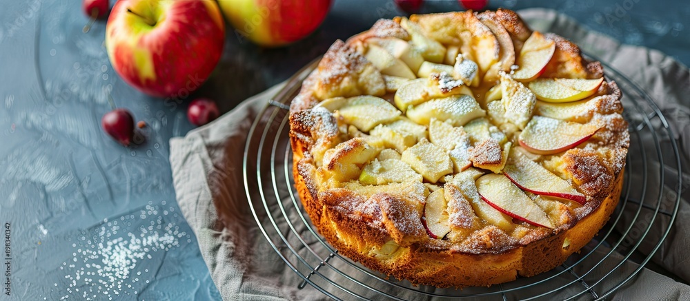 Wall mural Top down view of an apple charlotte dessert on a wire rack with a sponge cake covering allowing for copy space image