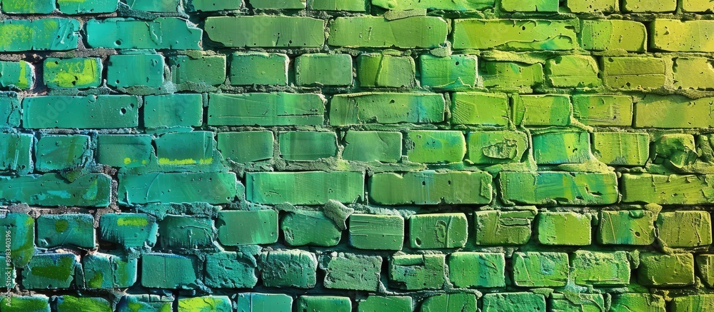 Poster a brick wall painted in vibrant green neon with a copy space image displaying an old colorful appear