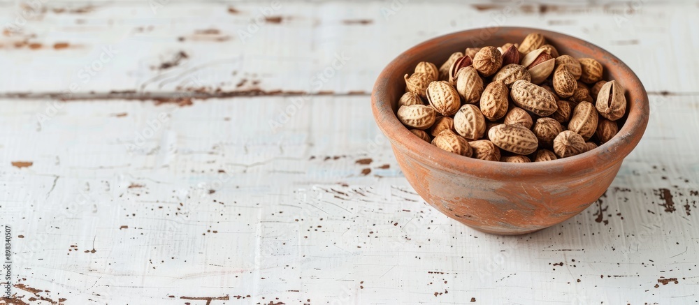Poster a clay cup filled with peanuts rests on a white wooden table with available space for additional ima