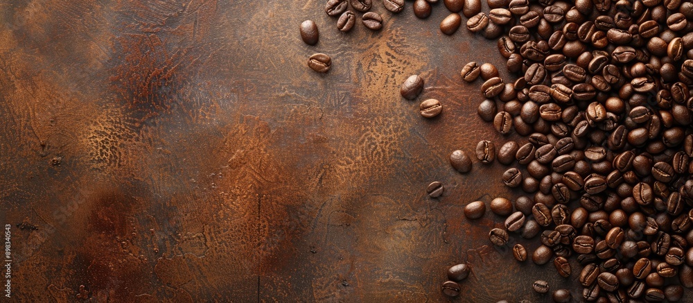 Poster View from above of coffee beans placed on a brown textured background creating a flat lay composition with copy space image