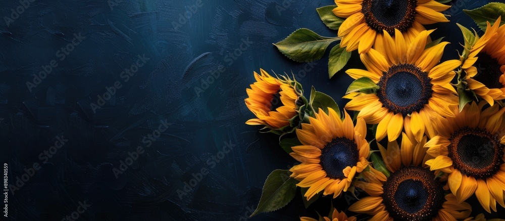 Aufkleber Dark blue background with a frame of sunflowers perfect for adding text or images with copy space image