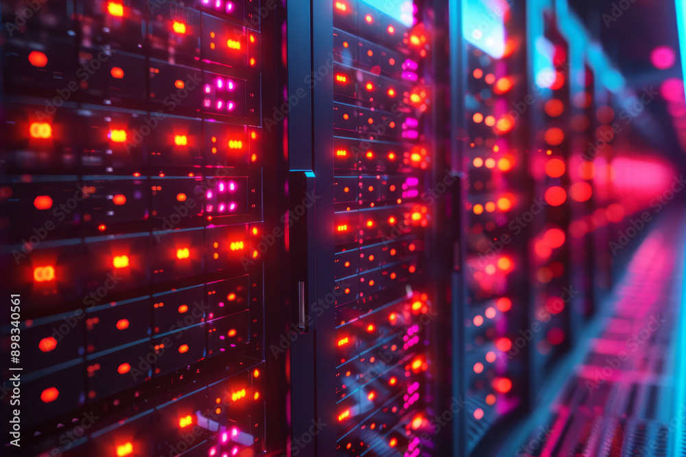 Poster sleek server abstraction design with dynamic neon lights and glowing data streams,