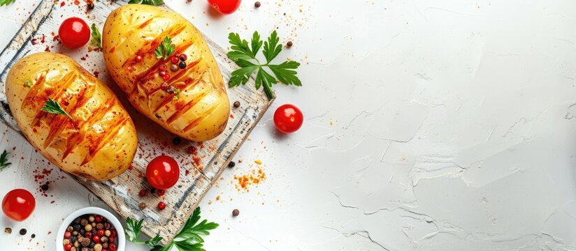 Baked potato with flavorful sauce spices on a light background ideal for a copy space image